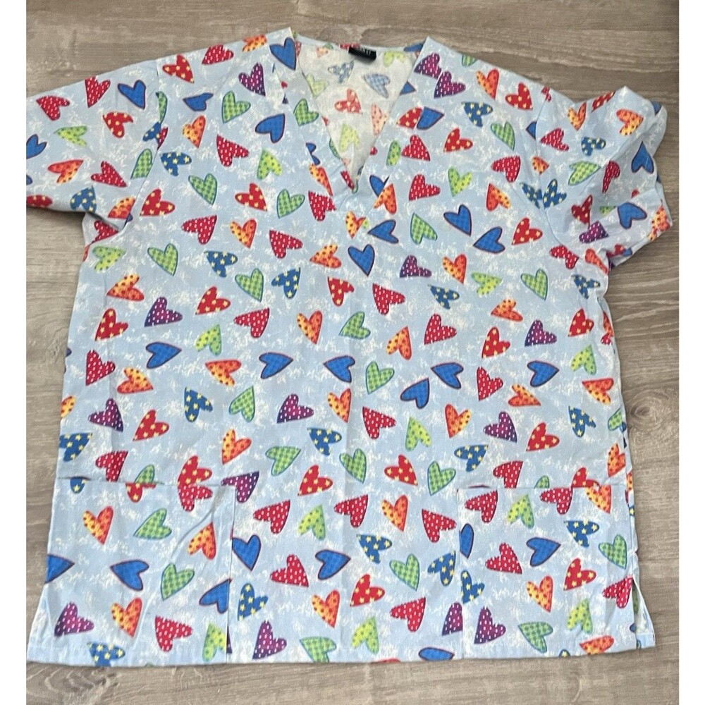 MedGear Women Large Scrubs V-Neck‎ Heart Printed Scrub Top With Pockets
